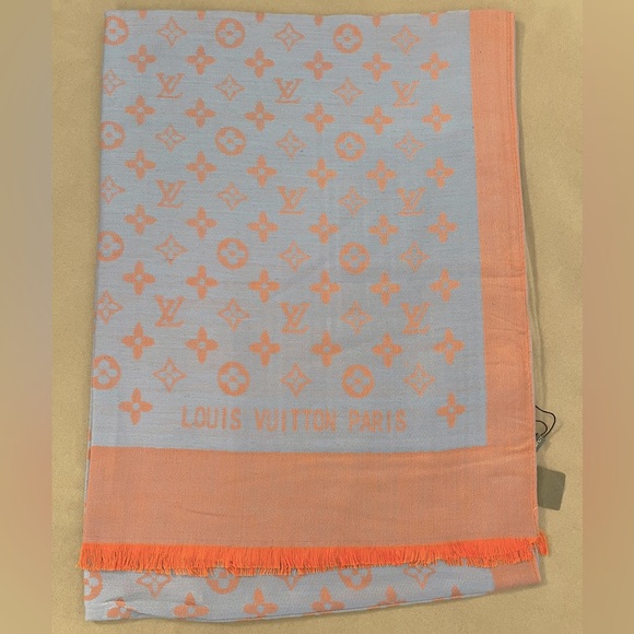 Other - L V Monogram Grey Blue Salmon Cashmere Silk Blend Chale Stole Shawl Wrap Scarf.